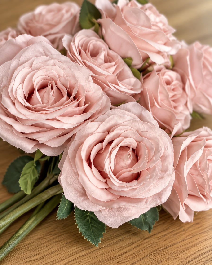 Close-up detail of the dusty pink artificial rose bouquet on an oak table