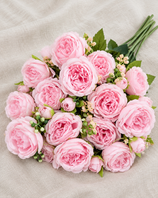Light Pink Artificial Peony Bouquet, shown alone on a linen background