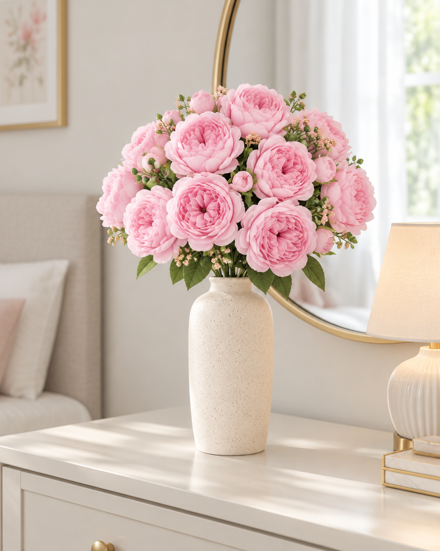 Light Pink Artificial Peony Bouquet styled in a ceramic vase on a dresser (vase sold separately)