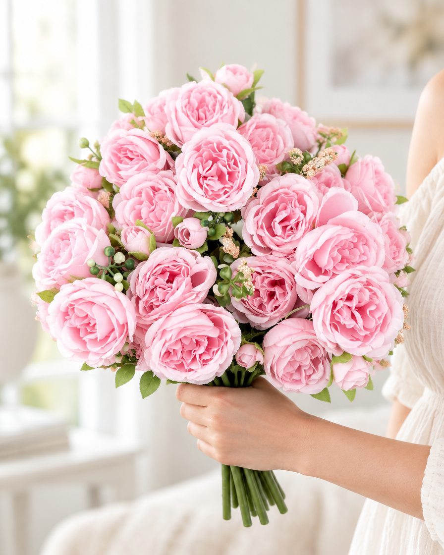 Light Pink Artificial Peony Bouquet held in a hand
