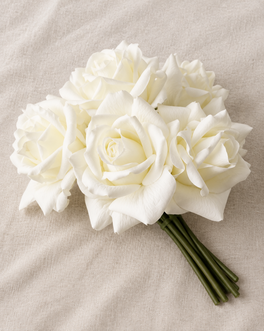 White Artificial Curl-Edge Rose Bouquet, shown alone on a linen background