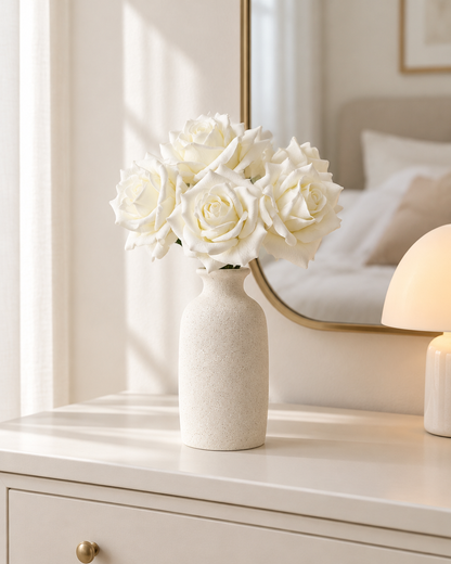 White Artificial Curl-Edge Rose Bouquet styled in a ceramic vase on a dresser (vase sold separately)
