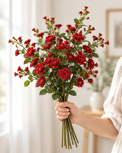Red Artificial Spray Rose Stems held in a hand