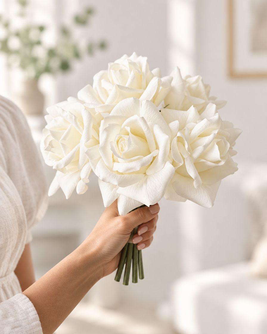 White Artificial Curl-Edge Rose Bouquet held in a hand