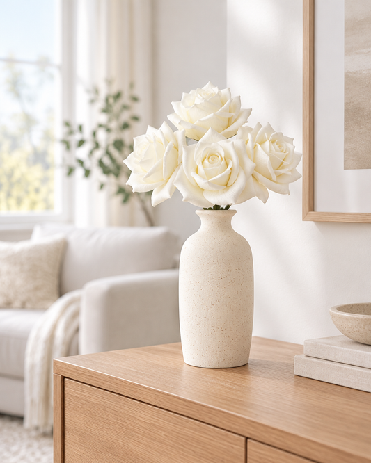 White Artificial Curl-Edge Rose Bouquet styled in a ceramic vase on a console table (vase sold separately)