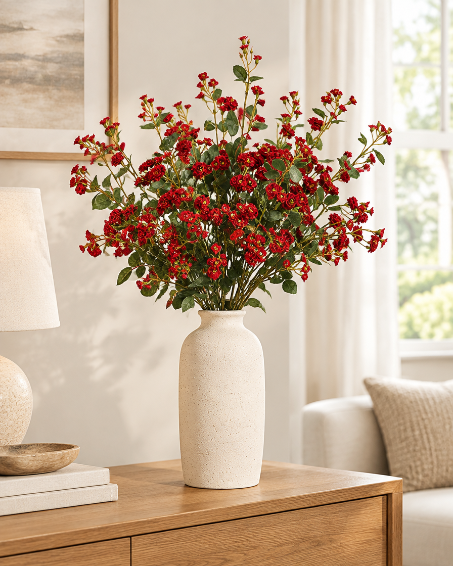 Red Artificial Spray Rose Stems styled in a ceramic vase on a console table (vase sold separately)