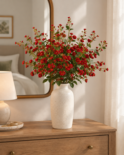 Red Artificial Spray Rose Stems styled in a ceramic vase on a dresser (vase sold separately)