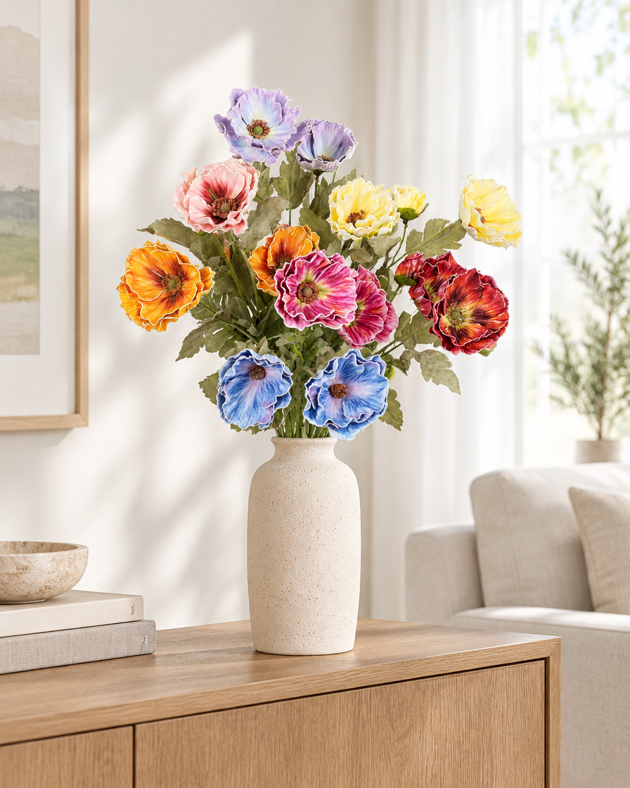 Multicolour Artificial Poppy Bouquet styled in a ceramic vase on a console table (vase sold separately)