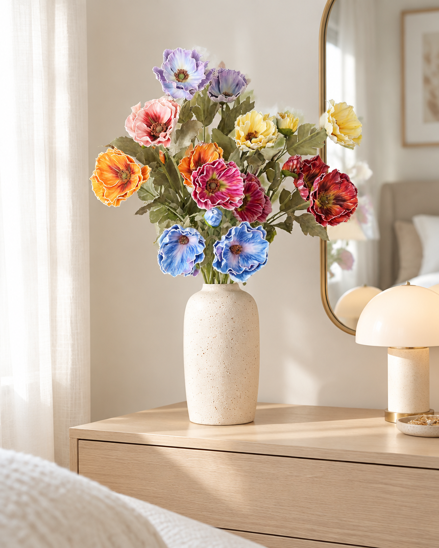Multicolour Artificial Poppy Bouquet styled in a ceramic vase on a dresser (vase sold separately)