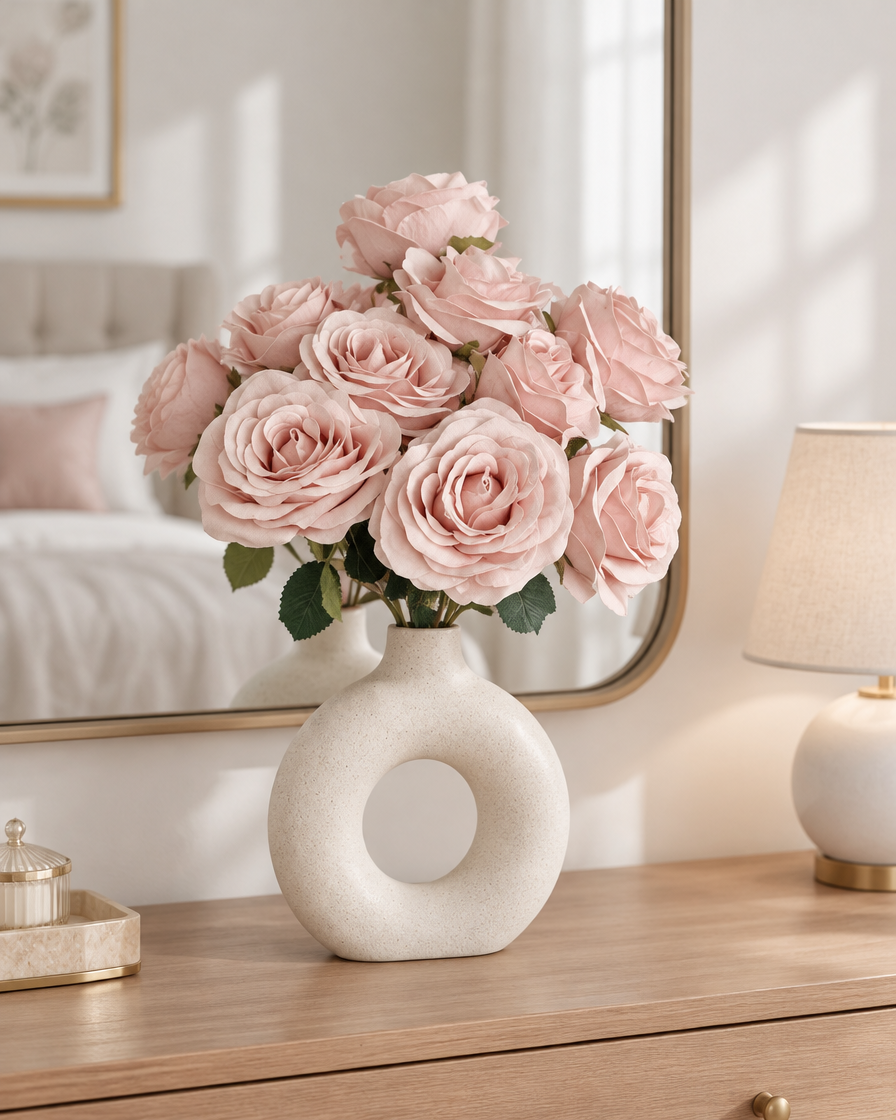 Dusty Pink Artificial Rose Bouquet styled in a ceramic vase on a dresser (vase sold separately)