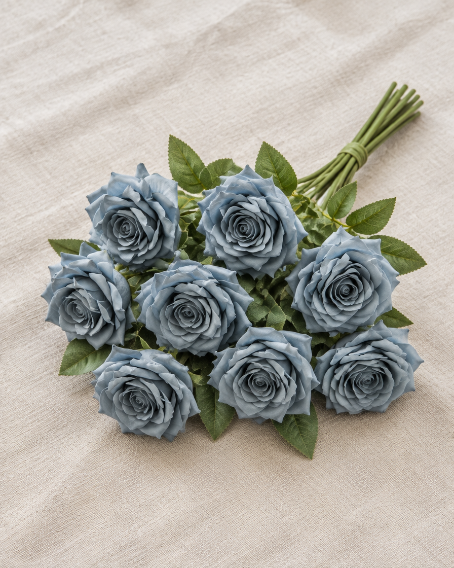 Dusty Blue Artificial Rose Bouquet, shown alone on a linen background