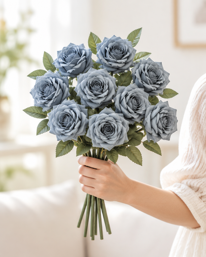 Dusty Blue Artificial Rose Bouquet held in a hand