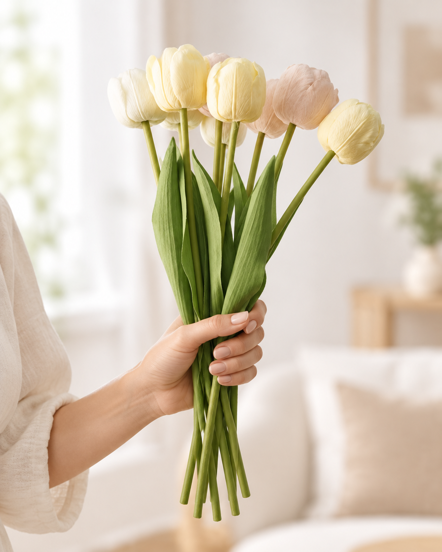 Cream Artificial Tulip Bunch held in a hand