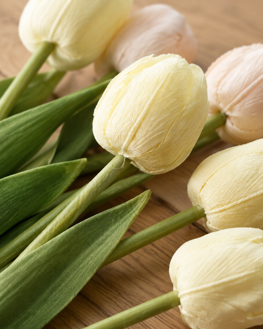 Close-up detail of the cream artificial tulip bunch on an oak table
