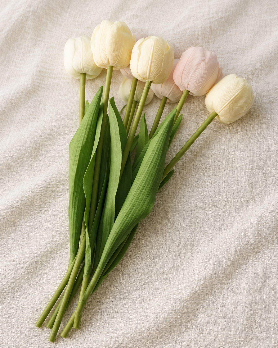 Cream Artificial Tulip Bunch, shown alone on a linen background