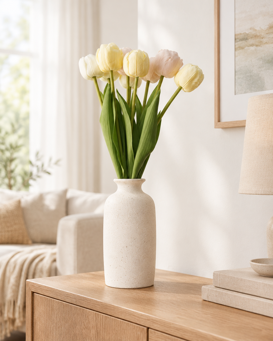 Cream Artificial Tulip Bunch styled in a ceramic vase on a console table (vase sold separately)