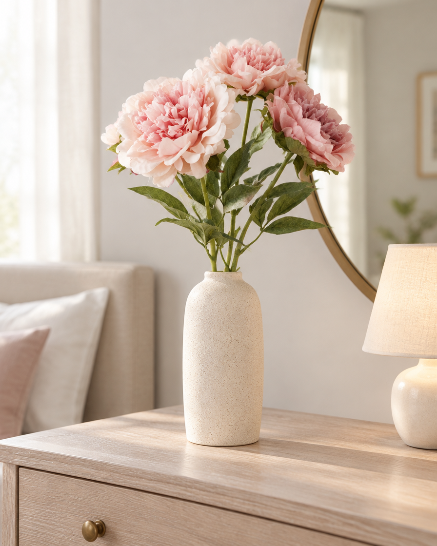 Blush Pink Artificial Peony Stems styled in a ceramic vase on a dresser (vase sold separately)