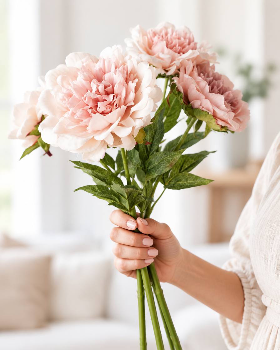 Blush Pink Artificial Peony Stems held in a hand