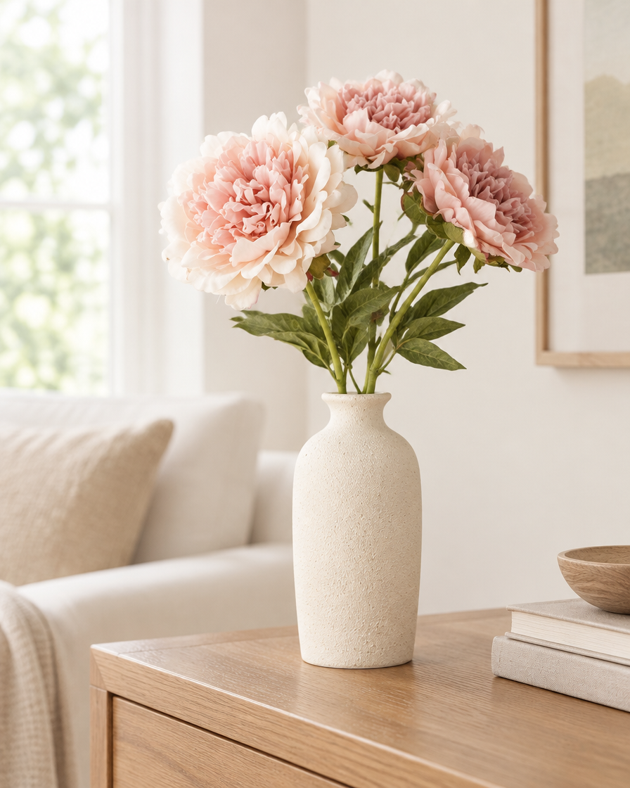Blush Pink Artificial Peony Stems styled in a ceramic vase on a console table (vase sold separately)