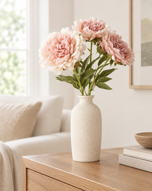 Blush Pink Artificial Peony Stems styled in a ceramic vase on a console table (vase sold separately)