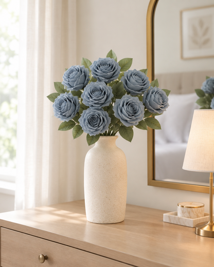 Dusty Blue Artificial Rose Bouquet styled in a ceramic vase on a dresser (vase sold separately)