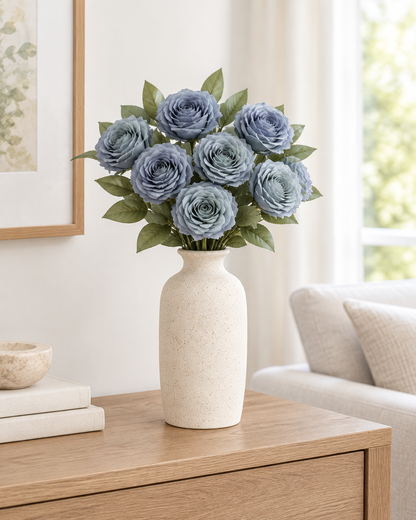 Dusty Blue Artificial Rose Bouquet styled in a ceramic vase on a console table (vase sold separately)