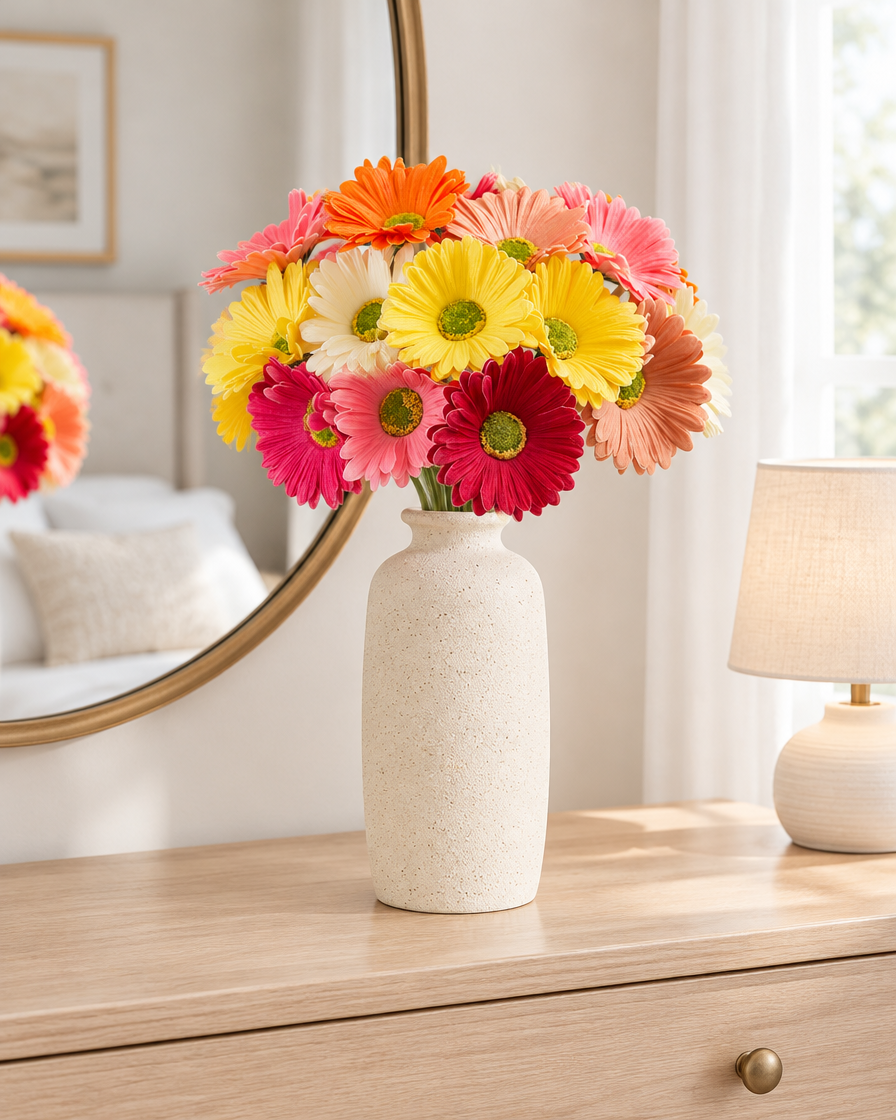 Multicolour Artificial Gerbera Daisy Bunch styled in a ceramic vase on a dresser (vase sold separately)