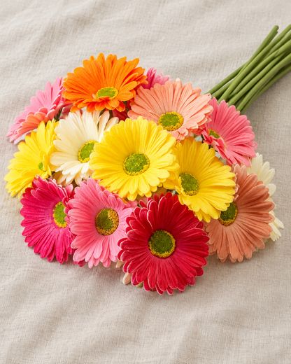 Multicolour Artificial Gerbera Daisy Bunch, shown alone on a linen background