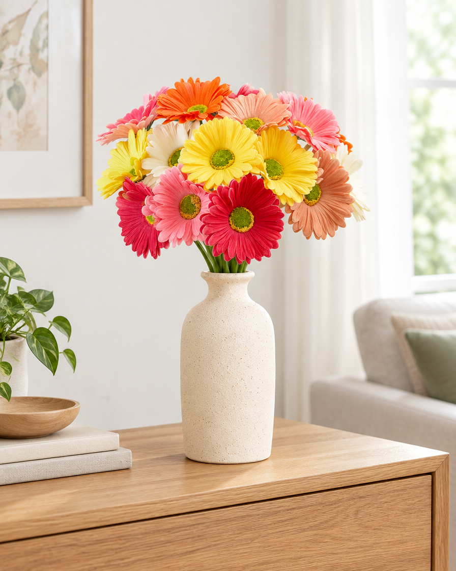 Multicolour Artificial Gerbera Daisy Bunch styled in a ceramic vase on a console table (vase sold separately)