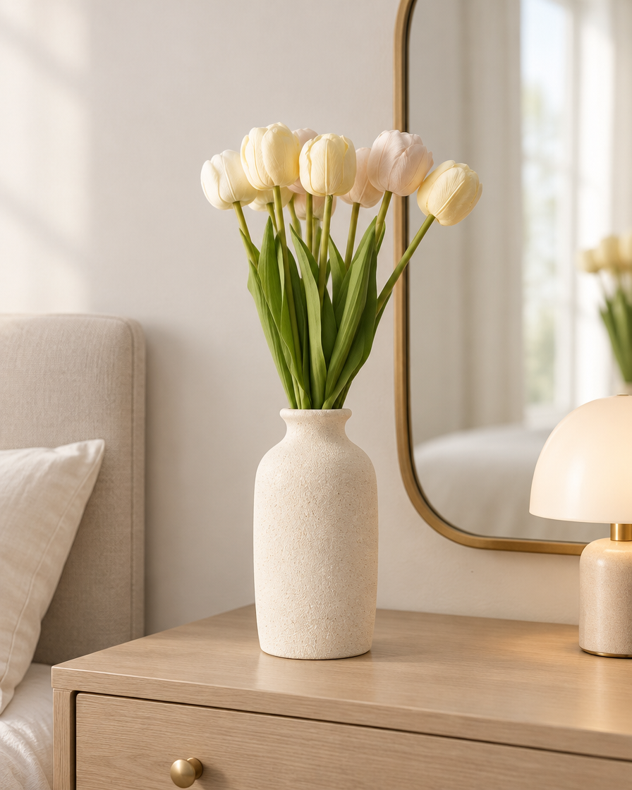 Cream Artificial Tulip Bunch styled in a ceramic vase on a dresser (vase sold separately)