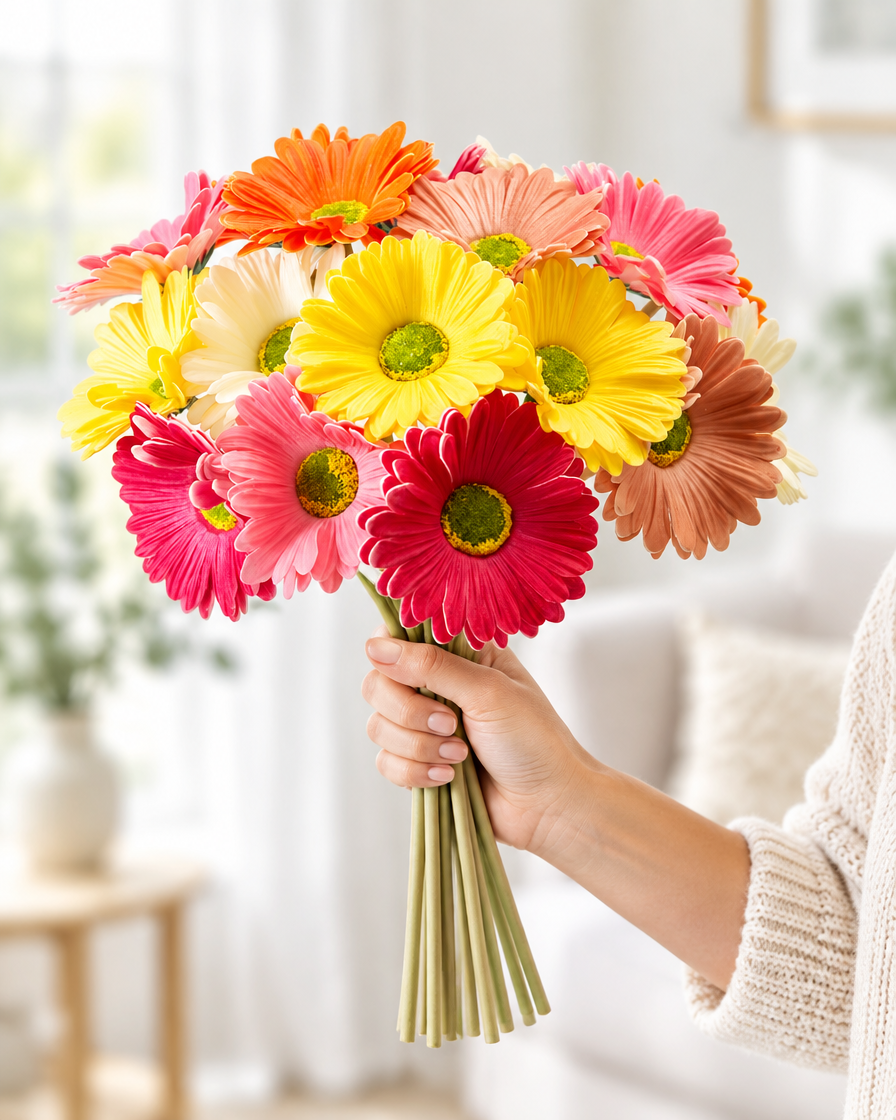 Multicolour Artificial Gerbera Daisy Bunch held in a hand