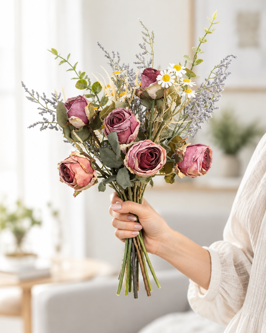 Dusty Mauve Artificial Rose and Daisy Bouquet held in a hand