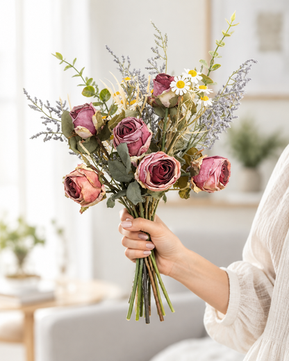 Dusty Mauve Artificial Rose and Daisy Bouquet held in a hand