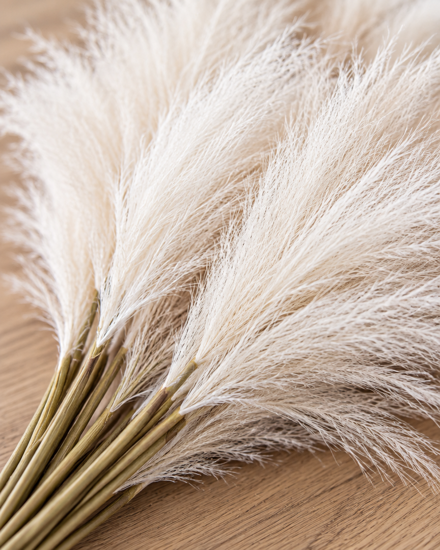 Close-up detail of the cream artificial pampas reed stems on an oak table