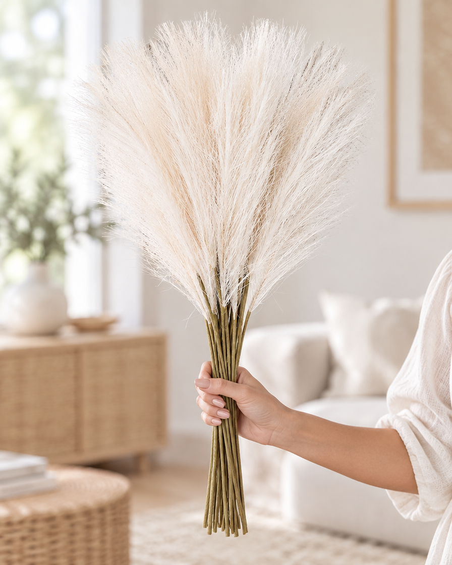Cream Artificial Pampas Reed Stems held in a hand