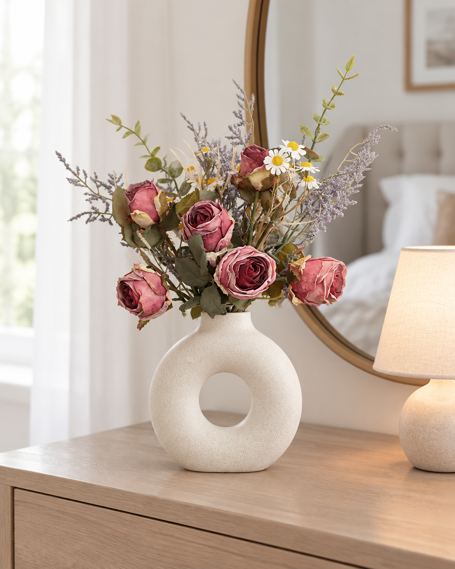 Dusty Mauve Artificial Rose and Daisy Bouquet styled in a ceramic vase on a dresser (vase sold separately)