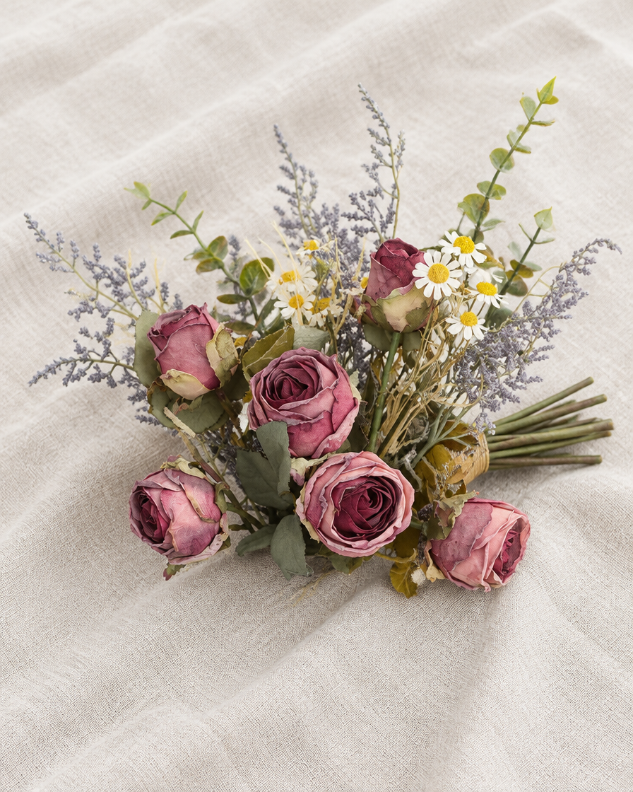 Dusty Mauve Artificial Rose and Daisy Bouquet, shown alone on a linen background