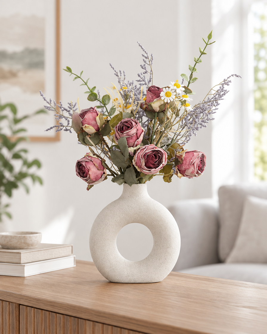 Dusty Mauve Artificial Rose and Daisy Bouquet styled in a ceramic vase on a console table (vase sold separately)