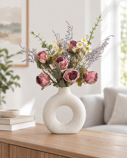 Dusty Mauve Artificial Rose and Daisy Bouquet styled in a ceramic vase on a console table (vase sold separately)