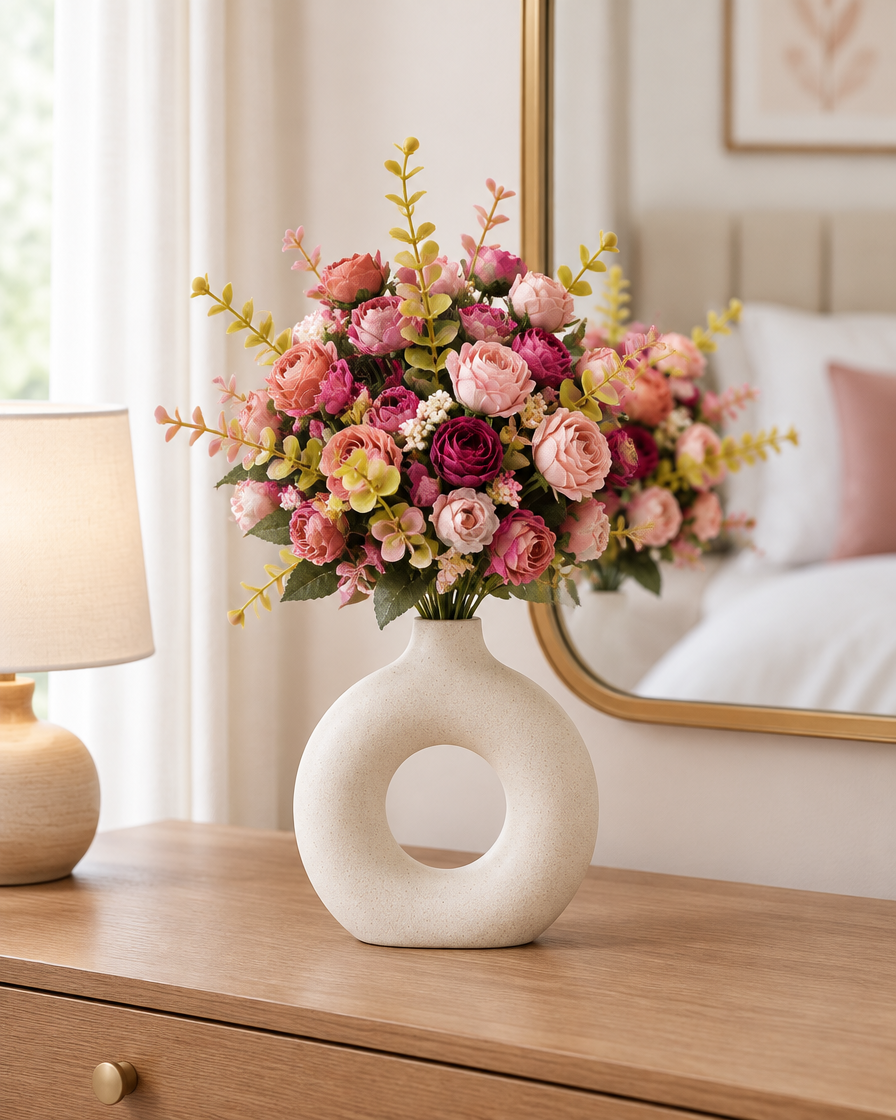 Dusty Pink & Burgundy Artificial Mini Rose Bouquet styled in a ceramic vase on a dresser (vase sold separately)
