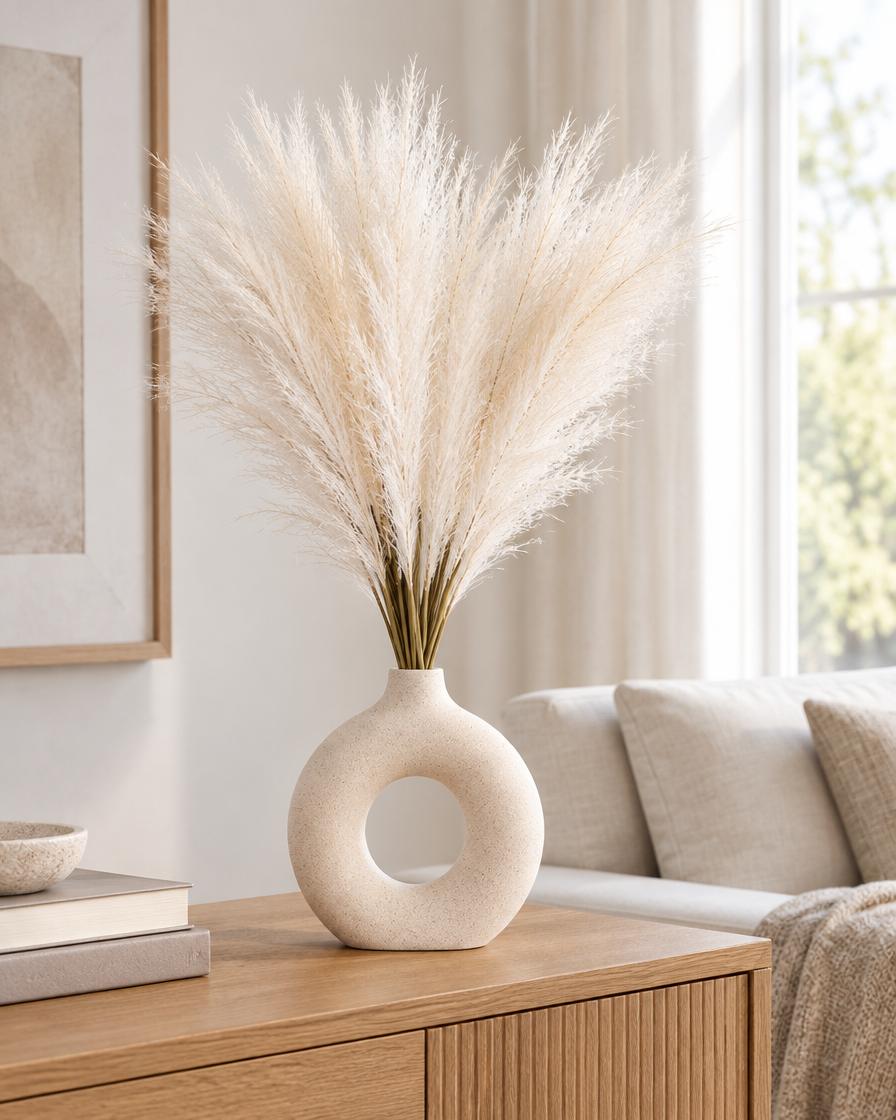 Cream Artificial Pampas Reed Stems styled in a ceramic vase on a console table (vase sold separately)
