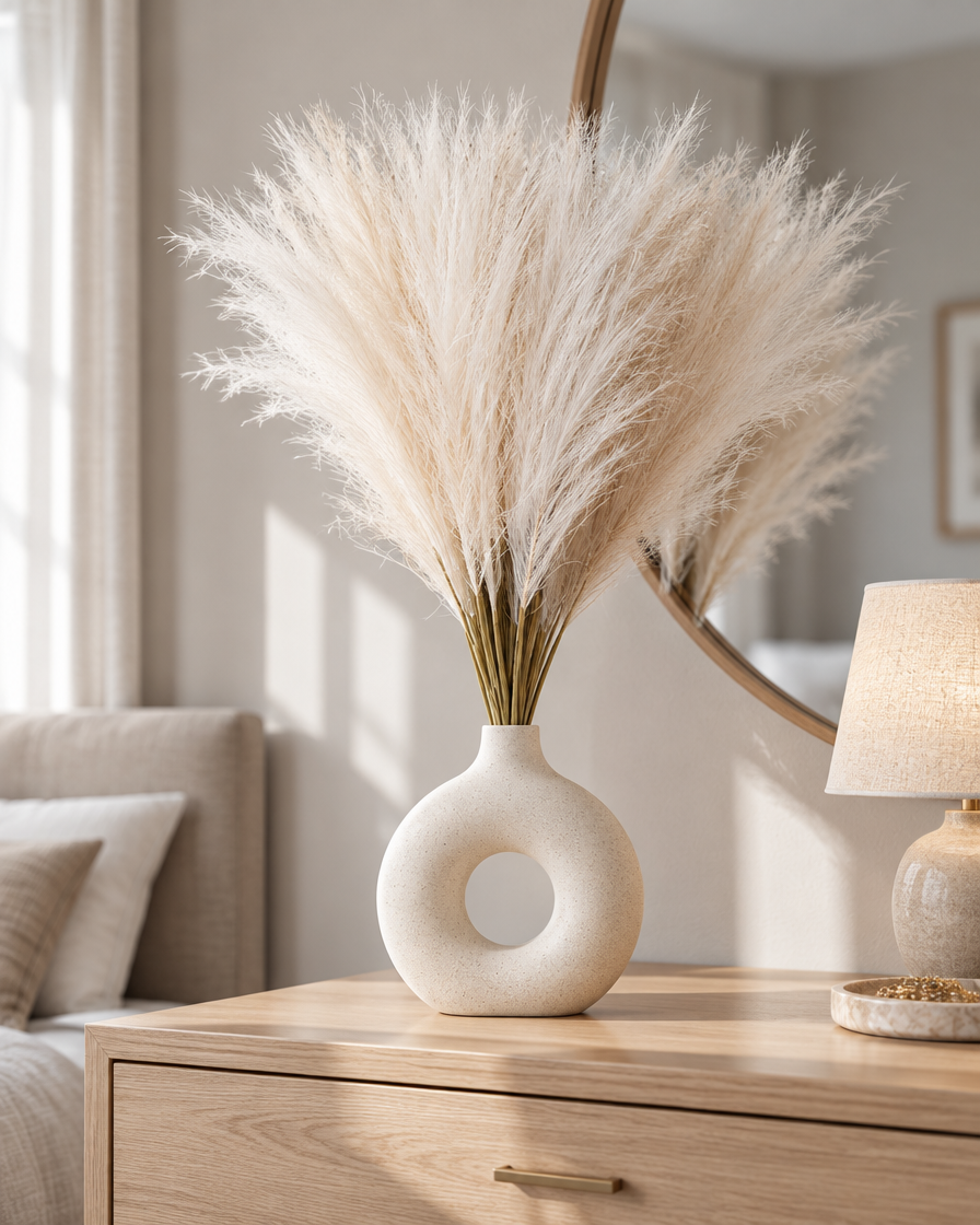 Cream Artificial Pampas Reed Stems styled in a ceramic vase on a dresser (vase sold separately)