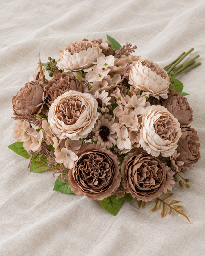 Mocha Brown Artificial Peony Bouquet, shown alone on a linen background