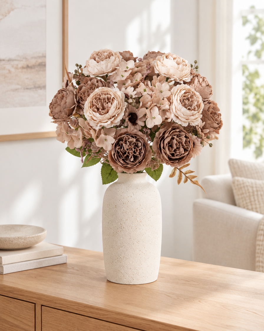 Mocha Brown Artificial Peony Bouquet styled in a ceramic vase on a console table (vase sold separately)