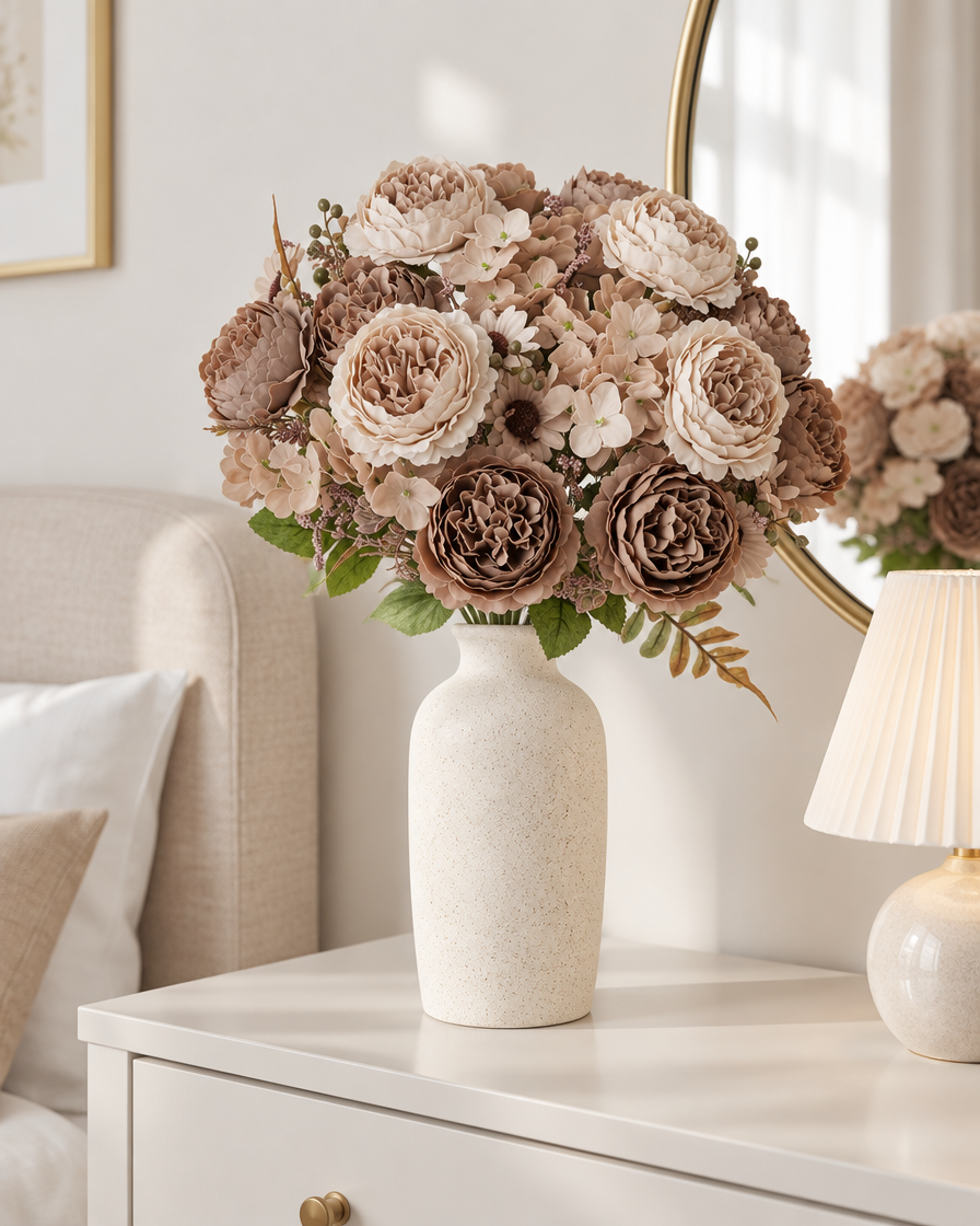Mocha Brown Artificial Peony Bouquet styled in a ceramic vase on a dresser (vase sold separately)