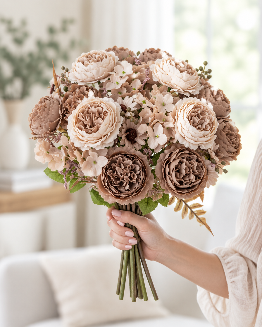 Mocha Brown Artificial Peony Bouquet held in a hand