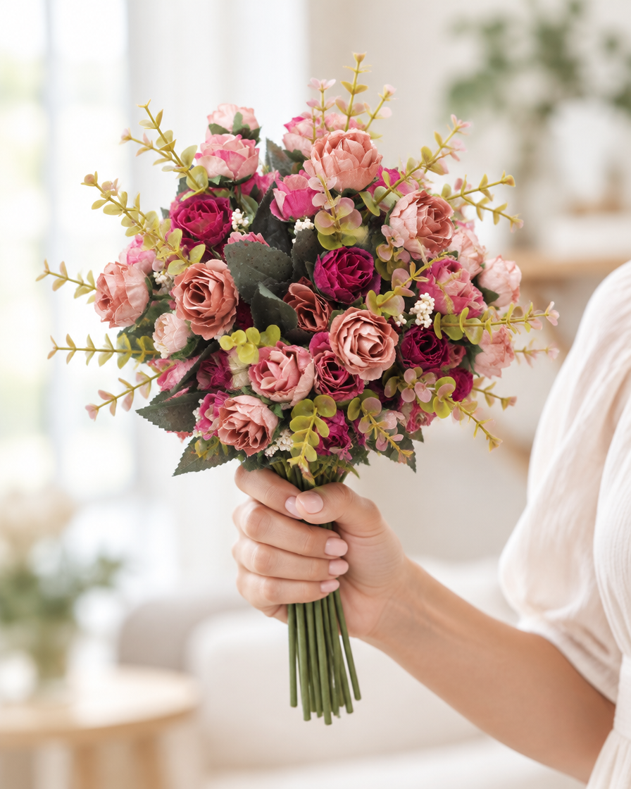 Dusty Pink & Burgundy Artificial Mini Rose Bouquet held in a hand