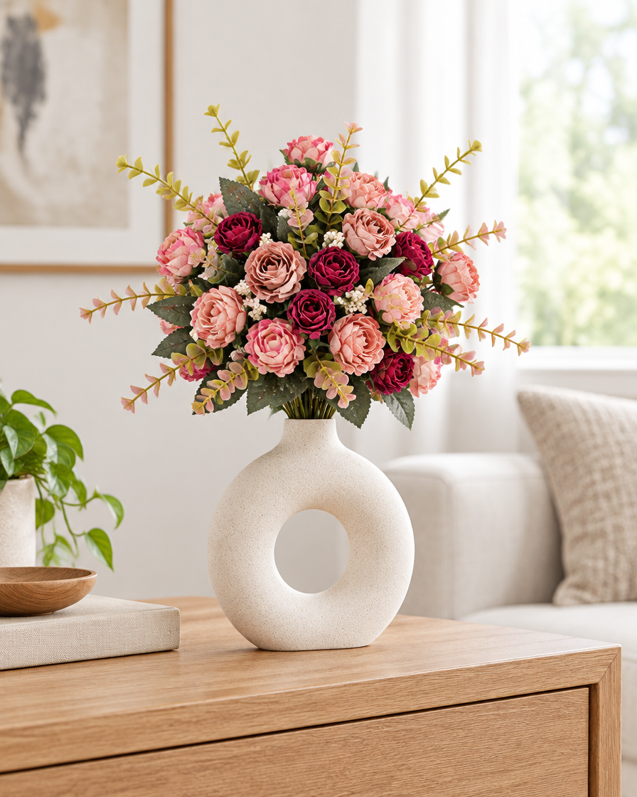 Dusty Pink & Burgundy Artificial Mini Rose Bouquet styled in a ceramic vase on a console table (vase sold separately)