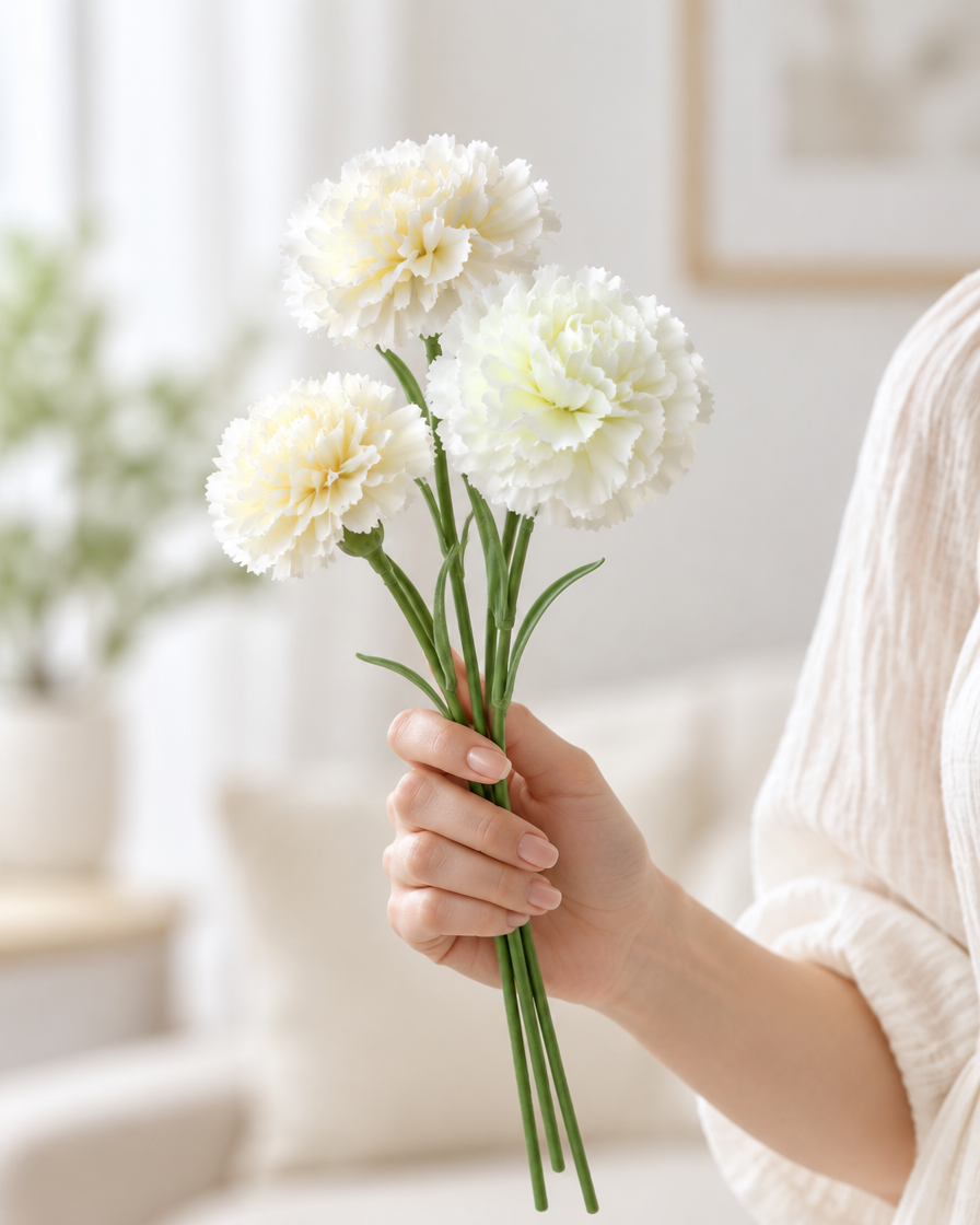 White Artificial Carnation Stems held in a hand