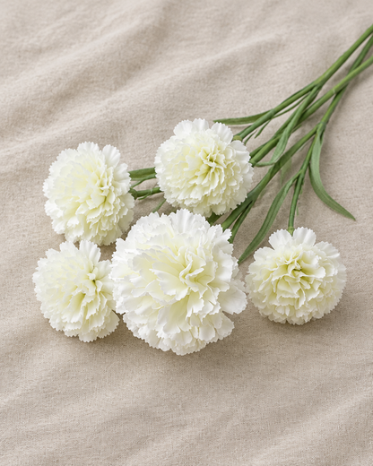 White Artificial Carnation Stems, shown alone on a linen background